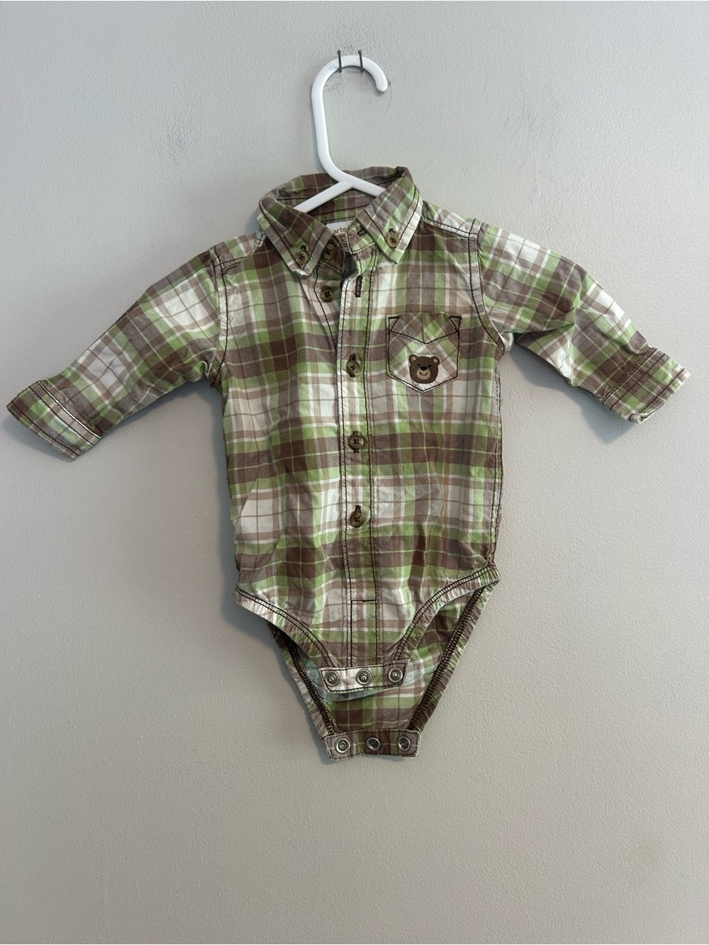 Carters 3m Green & brown Plaid long sleeve button down flannel onesie